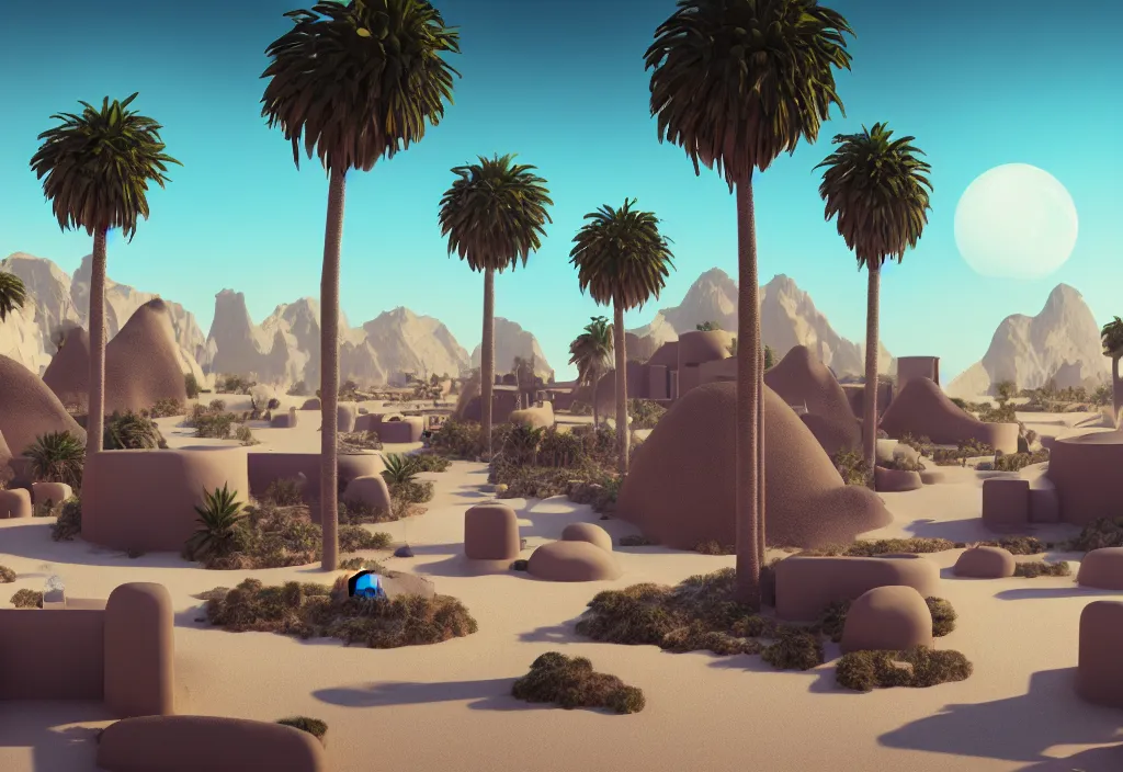 Prompt: futuristic village in a desert, painting, palm trees, octane render, 4 k, rocks, bondfire, anime sky