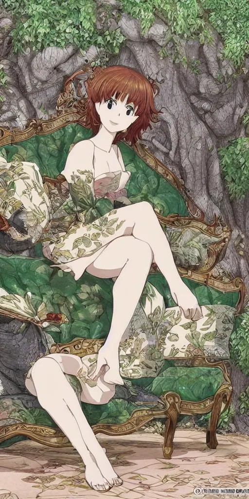 Image similar to a single queen sitting by herself on a sofa in a forest, drawn by CloverWorks, intricate detail, elegant, beauty