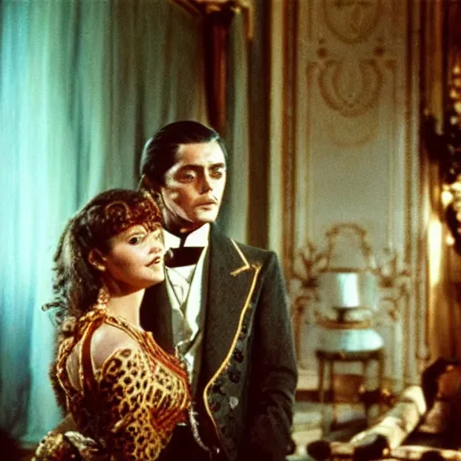 Image similar to ballroom scene from the leopard by luchino visconti with alain delon and claudia cardinale and an alien!!!! set in the 1 9 th century in an italian villa. technicolor!!!!, highly intricate, 5 0 mm