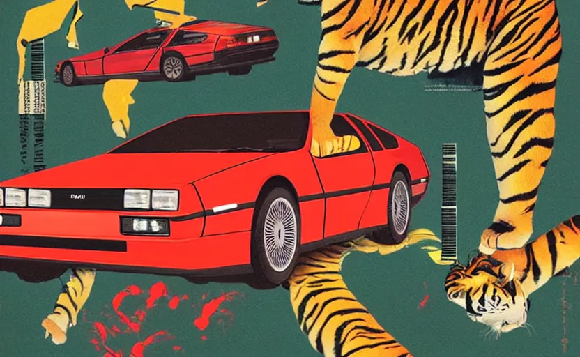 Image similar to a red delorean for a yellow tiger, art by hsiao - ron cheng and utagawa kunisada in a magazine collage, # de 9 5 f 0