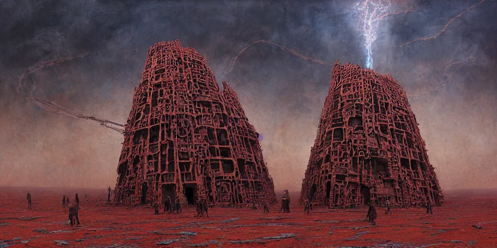 Image similar to supernova, mars red desert, neo brutalism babylon tower made from whale skeleton, painted by steve mccurry, terror, dark gloomy atmosphere, foggy, ruan jia, raymond swanland, lawrence alma tadema, zdzislaw beksinski, norman rockwell, jack kirby, tom lovell, alex malveda, greg staples