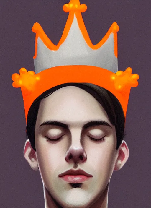 Image similar to portrait of teenage jughead jones wearing a light grey crown, symmetrical crown, hamburger background, eyes closed, crown, black hair, orange, intricate, elegant, glowing lights, warm lighting, highly detailed, digital painting, artstation, concept art, smooth, sharp focus, illustration, art by wlop, mars ravelo and greg rutkowski