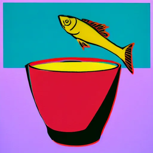 Image similar to a woman holding a fish bowl with fish inside. bow on top. oil on canvas. art in the style of Andy Warhol. trending on artstation