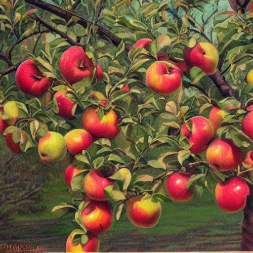 Prompt: apple trees brimming with apples, photorealistic,