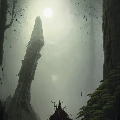 Prompt: stone humanoid colossus by grzegorz rutkowski and richard wright and peter mohrbacher and dan scott, atmospheric haze, stormy, redwood forest, gigantic trees, tiny woman in cloak in foreground silhouette, large scale