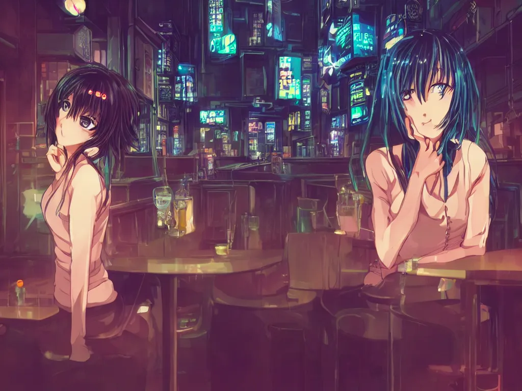 Prompt: lonely anime girl in a cyberpunk city bar at night, detailed, cute perfect face