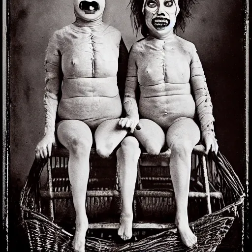 Image similar to conjoined twins, asymmetrical, basket case, freak show, ominous, disturbing, high resolution photograph