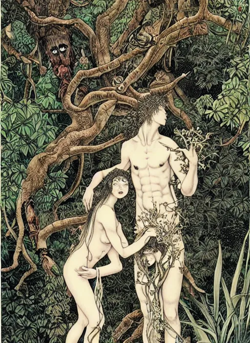 Image similar to adam and eve in eden garden, by Vania Zouravliov and Takato Yamamoto, high resolution