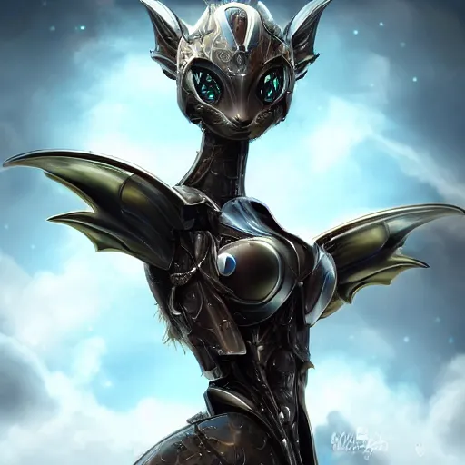 Image similar to amazing close-up shot of a cute and beautiful anthropomorphic robot female dragon, has two eyes, a sleek yet elegant design of metal plating, with two big epic wings behind her, two arms, the background is of the beach at night; high quality digital art, artstation, deviantart, furaffinity, high quality detail