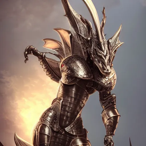 Image similar to stunning cinematic elegant back end shot with and upward angle, of a beautiful female knight, but as an anthropomorphic female dragon, well designed highly detailed cute female dragon head with slick eyes, looking back at the camera, well armored, sharp claws, arms crossed, HD octane render, fantasy, furry art, Artstation, Deviantart, Furaffinity