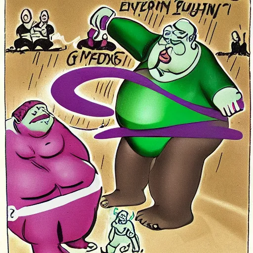 Image similar to a photo of an extremely tiny green fat man in a swimsuit is fighting a purple fat man in a thong.