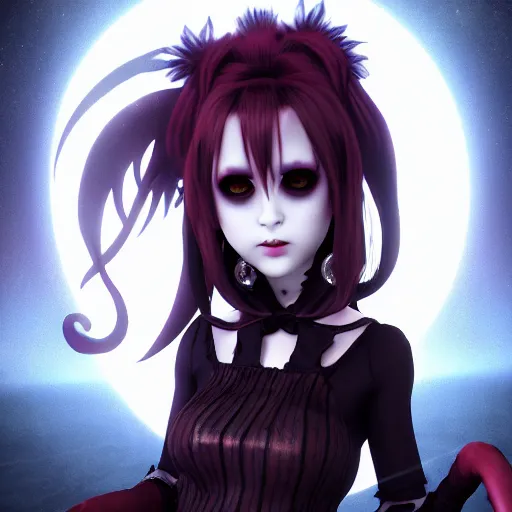 Prompt: full shot portrait of angry darkness Clara Morgane as a cute anime girl at moonlight, gothic wearing, darkness background, inspired by Tim Burton, Norihiro Yagi, Marc Simonetti, Amano, Juri Misaki, detailed, unreal engine 4k volumetric light, fog,