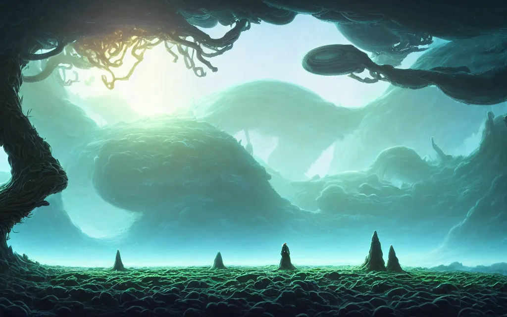 Prompt: a beautiful highly detailed matte painting with a character looking at an alien planet with giant floating orb surrounded by dead and intricate trees with crystals made of jade in a desolate forest with teal colors by Jose Daniel Cabrera Pena and Leonid Kozienko, Noah Bradley concept art