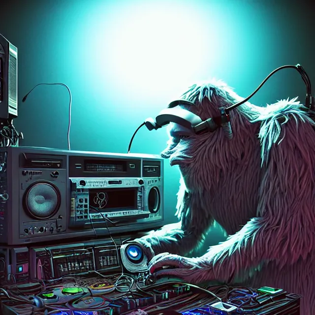 Image similar to a portrait of an anthropomorphic cyberpunk yeti podcasting while working in his secret electronics lab, detailed render, tape deck, hanging microphone, boombox, headphones, epic composition, cybernetics, 4 k realistic, cryengine, realistic shaded lighting, sharp focus, masterpiece, by matteo scalera, gary montalbano, peter elson in the style of the tokyo ghost comic