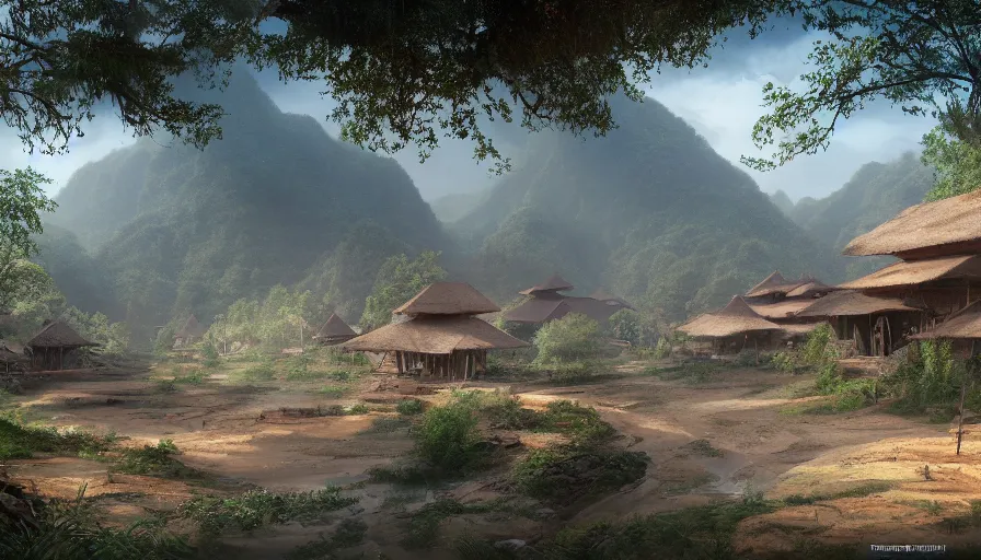 Image similar to matte painting of a beautiful lanna village, digital art, trending on artstation