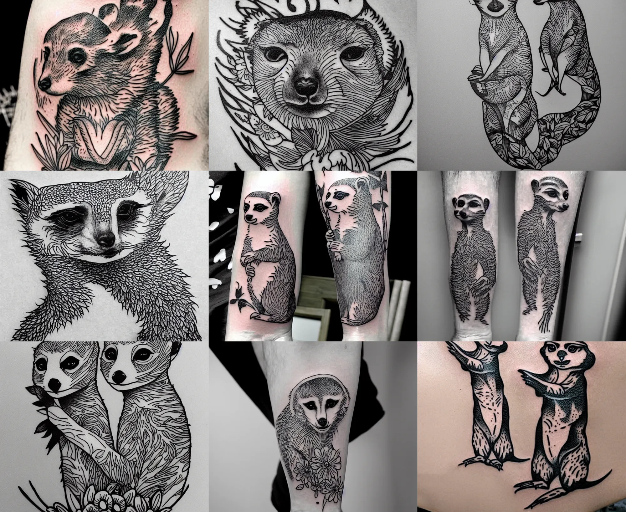 Prompt: detailed amazing tattoo stencil of a meerkcat standing flowers