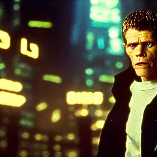 Image similar to william dafoe starring in a cyberpunk story in a distopic futuristic city in the style of bladerunner, movie still, highly detailed