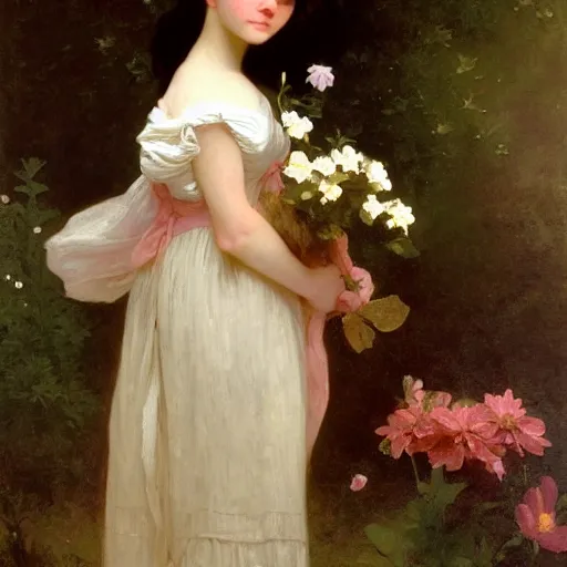 Image similar to An anthropomorphic fox girl with flowers in a dress, by Thomas Cole, William-Adolph Bouguereau, and John Singer Sargent, fox girl holding flowers