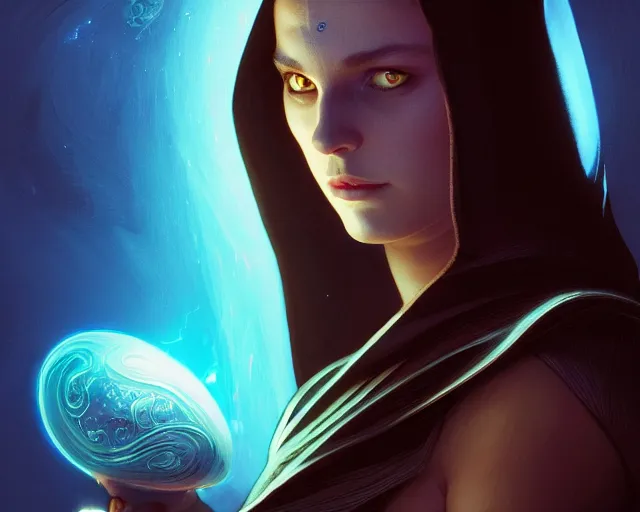 Image similar to photography of alia atreides of the knife, completely blue glowing eyes, deep focus, dune, science fiction, intricate, elegant, highly detailed, digital painting, artstation, concept art, matte, sharp focus, illustration, hearthstone, art by artgerm and greg rutkowski and alphonse mucha