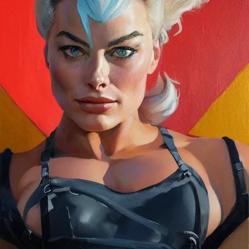 Image similar to greg manchess portrait painting of margot robbie as beautiful thick female bodybuilder zarya from overwatch, medium shot, asymmetrical, profile picture, organic painting, sunny day, matte painting, bold shapes, hard edges, street art, trending on artstation, by huang guangjian and gil elvgren and sachin teng