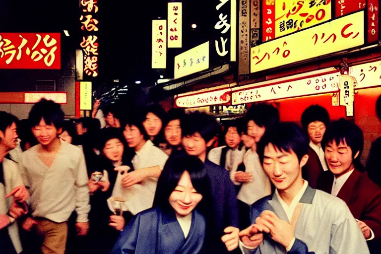 Image similar to masterful photography by haruto hoshi and yang seung woo and saul leiter, young people enjoying night life in kabuki cho japan in the 1 9 9 0 s, film grain, full color, shot on kodak gold with a canon 8 5 mm lens aperture f / 5. 6, hyperrealistic