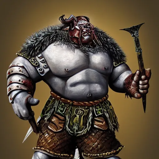 Image similar to ogre warrior wearing plated armor who is holding a battle axe in the style of warhammer fantasy : : head and torso oil painting