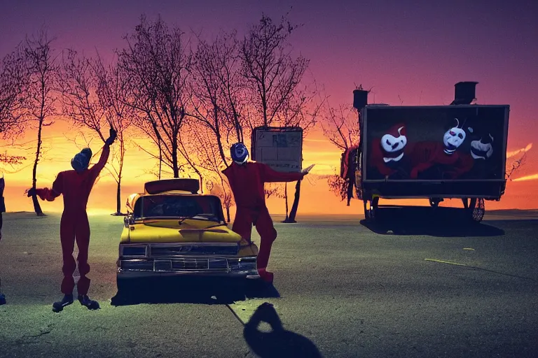 Image similar to 2 0 clowns leaving a clowncar at a california drive in, in 2 0 1 2, cutecore clowncore, bathed in the the glow of the sunset, low - light photograph, in style of tyler mitchell