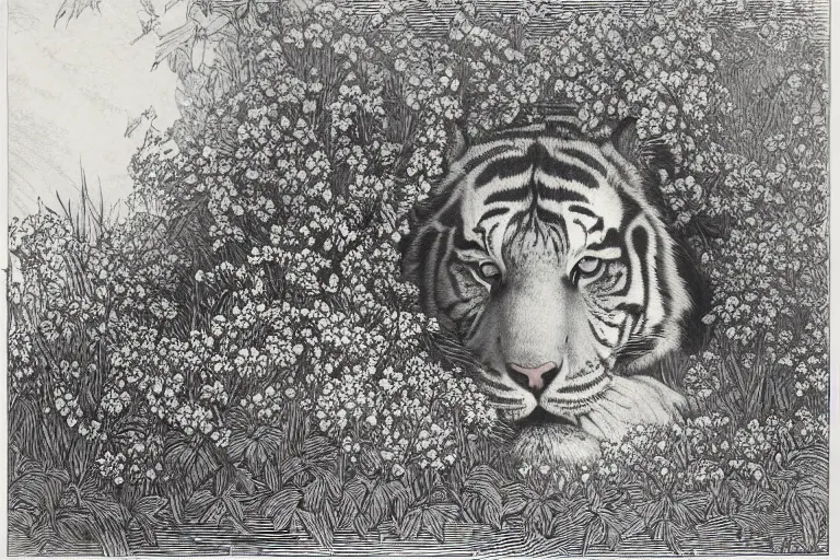 Prompt: portrait of tiger hiding in the flowers, Gustave Dore lithography