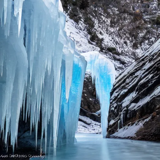 Image similar to ice cave with low ceiling and narrow rough river running through it, surreal, icicles,