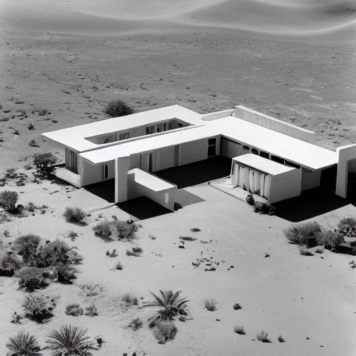 Image similar to A house designed by Miles Van Der Rohe in the middle of the sahara desert. Aerial View. Film Grain, Full color.