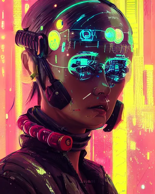 Image similar to detailed portrait Neon Operator Girl, cyberpunk futuristic neon, reflective puffy coat, decorated with traditional Japanese ornaments by Ismail inceoglu dragan bibin hans thoma greg rutkowski Alexandros Pyromallis Nekro Rene Maritte Illustrated, Perfect face, fine details, realistic shaded, fine-face, pretty face