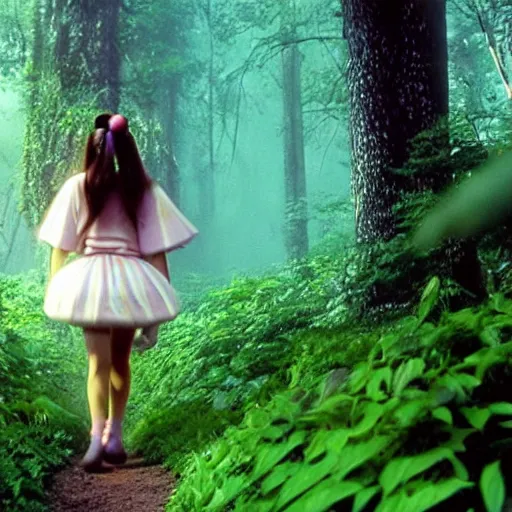 Prompt: A photo of a Ariana Grande walking through a rainbow forest in the style of the My Neighbor Totoro movie (1988)