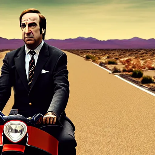 Image similar to Saul Goodman driving a motorcycle, highly detailed, 4k