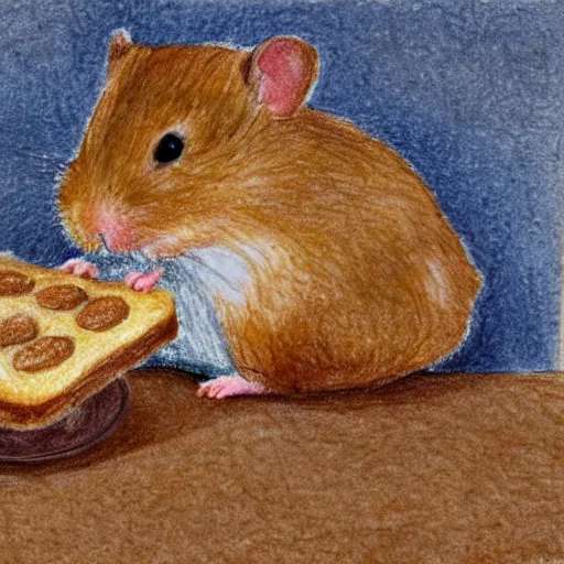 Prompt: light brown hamster holding a tray full of cookies near a oven, to bake them, colorful drawing, pencil