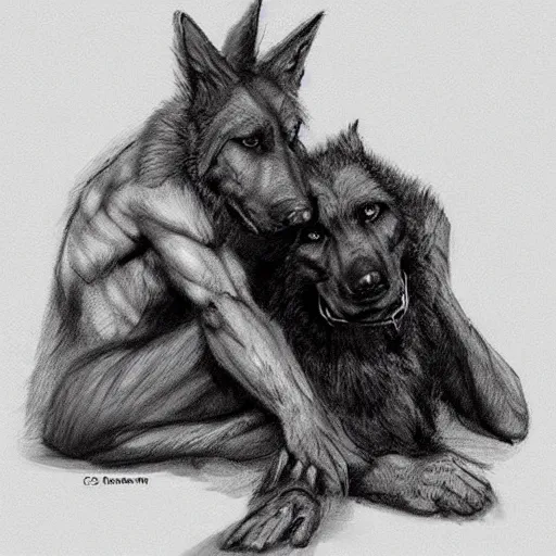 Image similar to two humanoid german shepherds beast - men, sitting on a couch and hugging together, artstation, concept art, smooth, sharp foccus ilustration, artstation