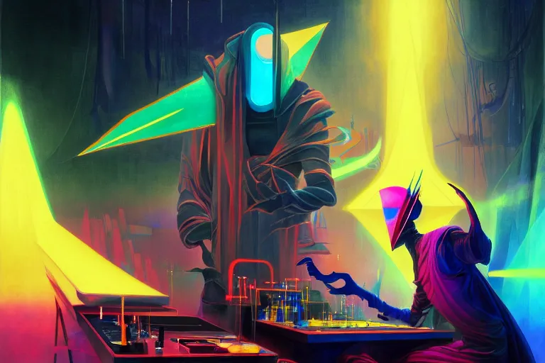 Image similar to a beautiful masterpiece painting of a technomancer wizard in robes with pointed hood battling his synthesized AI djinn in his laboratory near a computer by Remedios Varo and Anato Finnstark and Greg Rutkowski, dayglo pink, dayglo blue, dazzle camouflage, 8k, trending on ArtStation