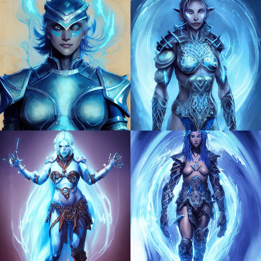 Prompt: !dream noble character design of an water Genasi wearing leather armor, lightblue skin, glowing blue eyes, d&d, full body, warm lighting, symmetrical face, subtle vibrancy, pathfinder, by christophe young, charlie bowater, HD