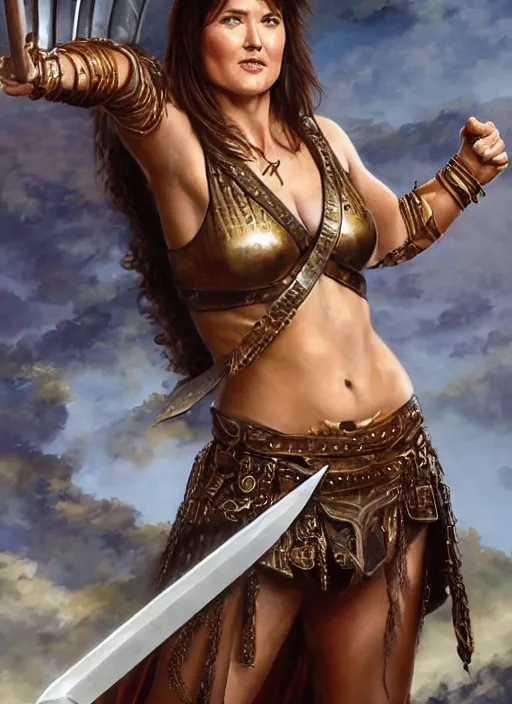 Image similar to Lucy Lawless as Xena as a ruggedly handsome hero holding an enormous large dual wielding sword, intricate, elegant, highly detailed, centered, digital painting, artstation, concept art, smooth, sharp focus, illustration, artgerm, donato giancola, Joseph Christian Leyendecker, WLOP, Boris Vallejo, Artgerm