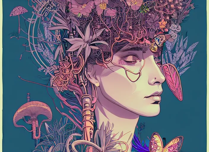 Prompt: surreal line art of beautiful cyberpunk girl with a lot of jungle flowers and plants, poison toxic mushrooms, long grass, butterflies on its head + mystic fog, no - shadow, 7 0's vintage sci - fi style, by moebius, kim jung gi, poster art by android jones, behance contest winner, made of flowers, grotesque, isometric stylized