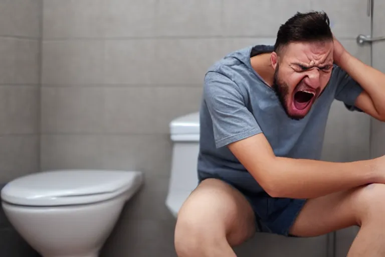 Prompt: man screaming while sitting in the toilet