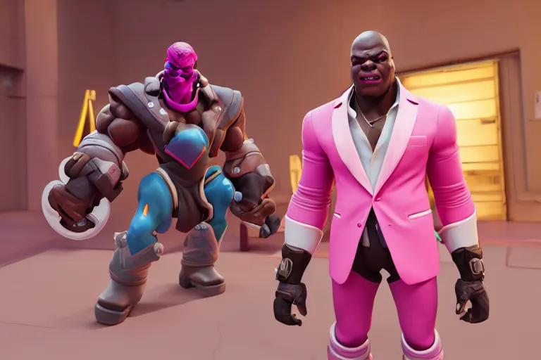 Image similar to doomfist, pink blazer, overwatch game, digital art, high detailed, unreal engine, artstation, 3 d render