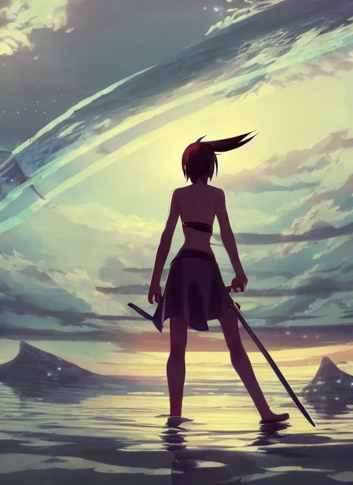 Image similar to anime girl with a katana walking on water, ripples, backdrop of dawn, backshot, saturn in the background, low angled illustration from demon slayer, concept art, anime, key visual, trending pixiv fanbox by wlop and greg rutkowski and makoto shinkai and studio ghibli