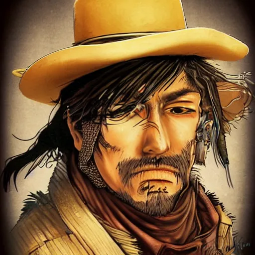 Image similar to scrufffy mexican vaquero, spaghetti western, yoshitaka amano character design