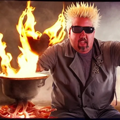 Prompt: guy fieri, turning into an eldritch horror with tentacles, sitting in a giant pan filled with boiling oil, film still from the movie directed by denis villeneuve with art direction by salvador dali