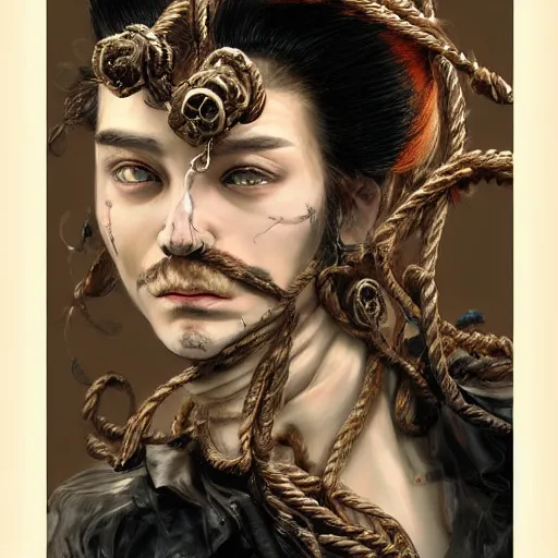 Image similar to portrait of a Shibari rope wrapped face and neck, headshot, insanely nice professional hair style, dramatic hair color, digital painting, of a old 17th century, old cyborg merchant, amber jewels, baroque, ornate clothing, scifi, realistic, hyperdetailed, chiaroscuro, concept art, art by Franz Hals and Jon Foster and Ayami Kojima and Amano and Karol Bak,