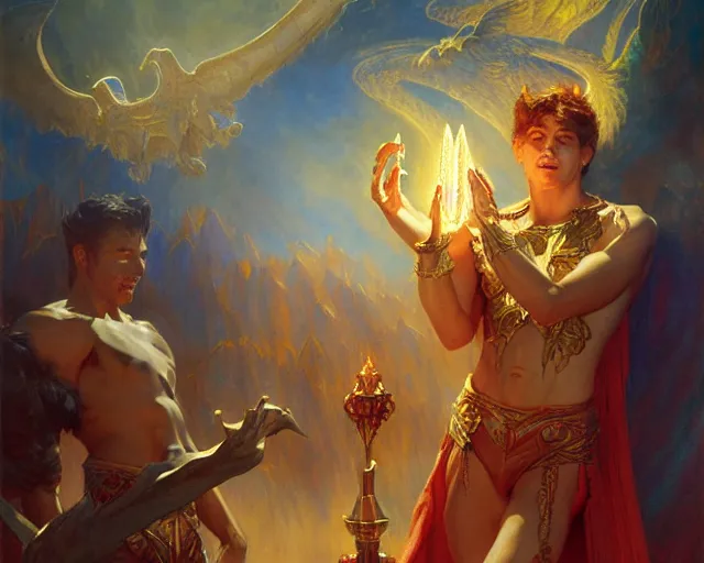 Image similar to attractive male deity, casting demonic magic, summoning handsome lucifer morning star. highly detailed painting by gaston bussiere, craig mullins, j. c. leyendecker 8 k