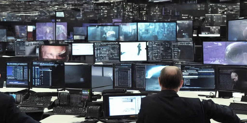 Image similar to vladimir putin hacking into the mainframe, multiple screens and monitors, dark atmosphere, creepy, very detailed, realistic photography