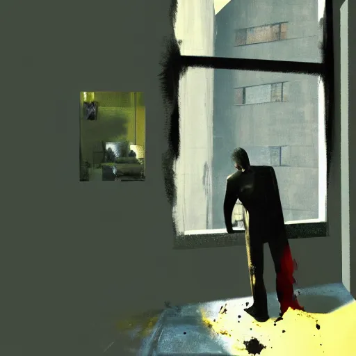 Prompt: man in the apartment painted by Francis Bacon, Adrian Ghenie, psx game graphics