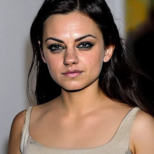 Prompt: a woman who is a genetic combination of mila kunis and emma watson face and upper - body focus