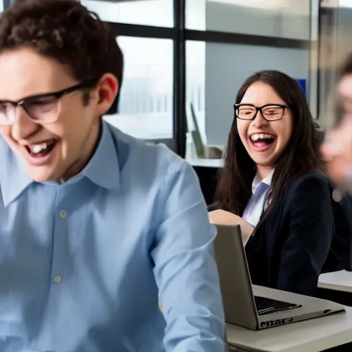 Prompt: young office workers not doing any work on computers and laughing